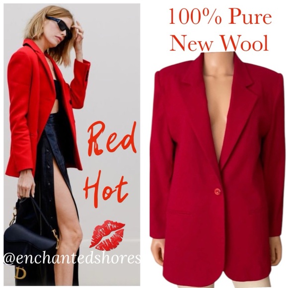 Wool Blazer Red Power Suit Dress Jacket Career Wear Womens Medium Large Size 12